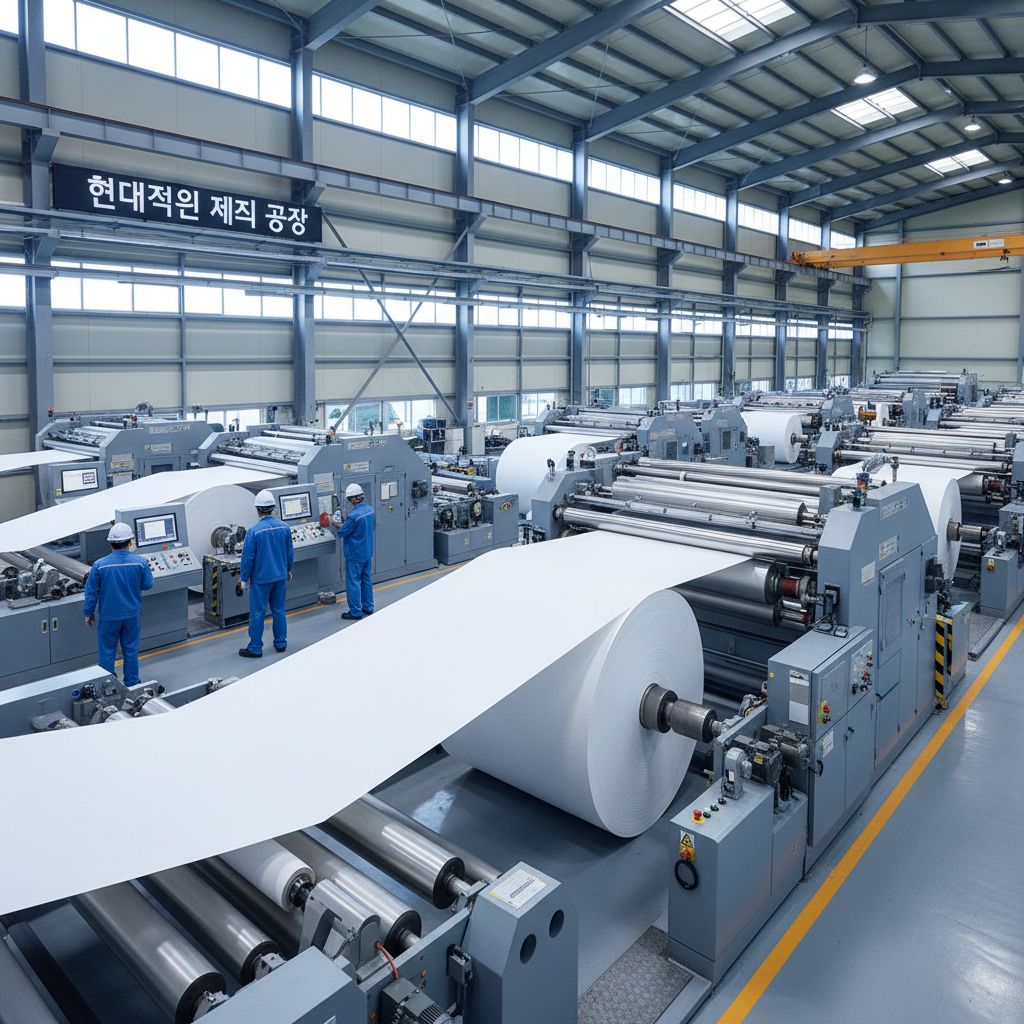 현대적인 제지 공장 내부에서 거대한 종이 롤이 정밀하게 감겨 있는 깨끗하고 전문적인 생산 라인 전경
