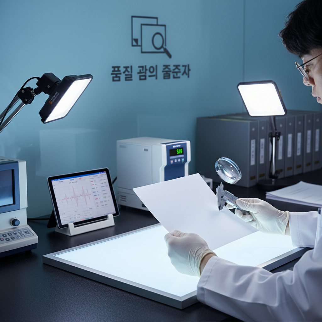 품질 관리 전문가가 정밀 조명 아래에서 종이의 질감과 백색도를 꼼꼼히 검수하는 전문적인 실험실 장면