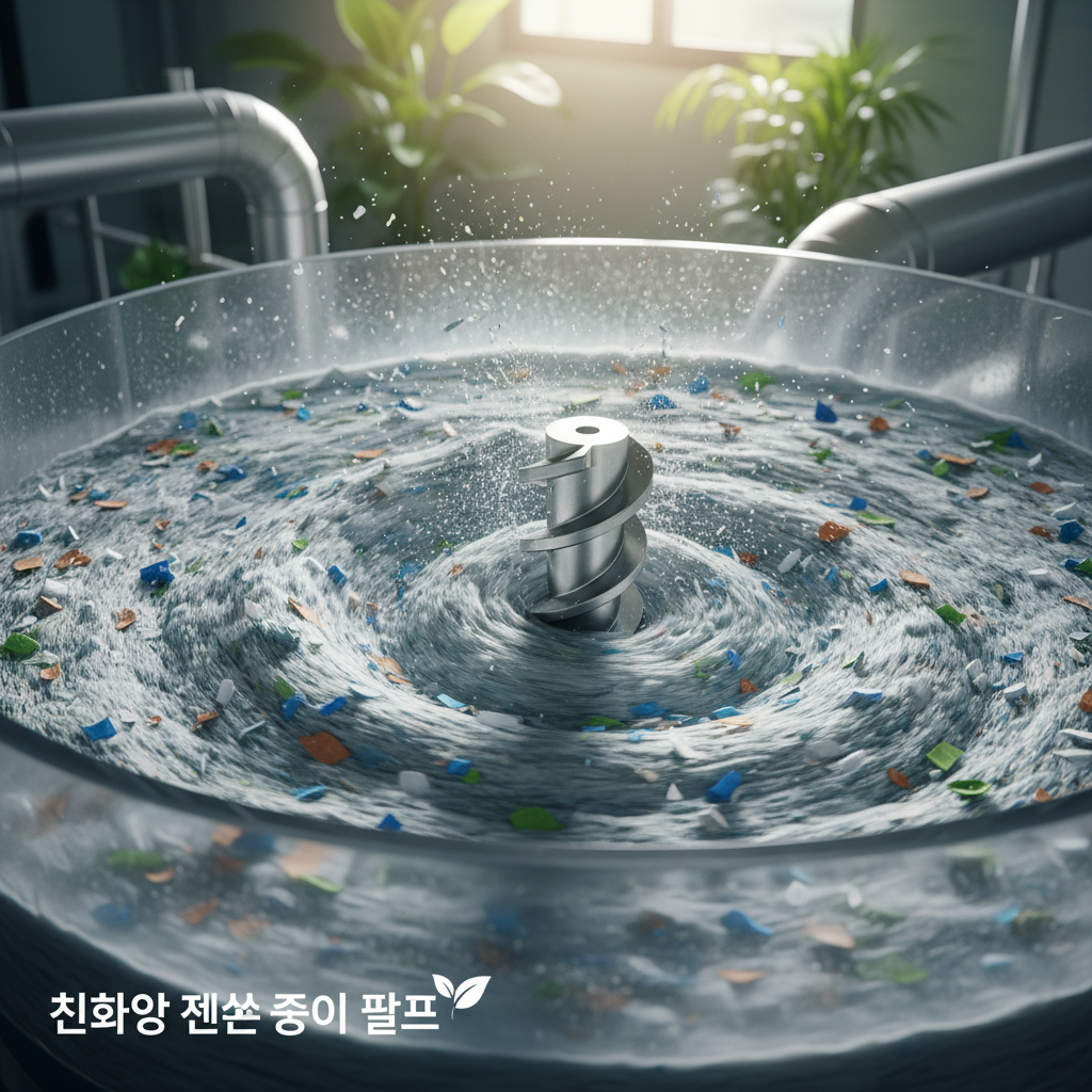 친환경 재생 종이 펄프가 가공되는 과정을 보여주는 역동적이고 깨끗한 클로즈업 사진