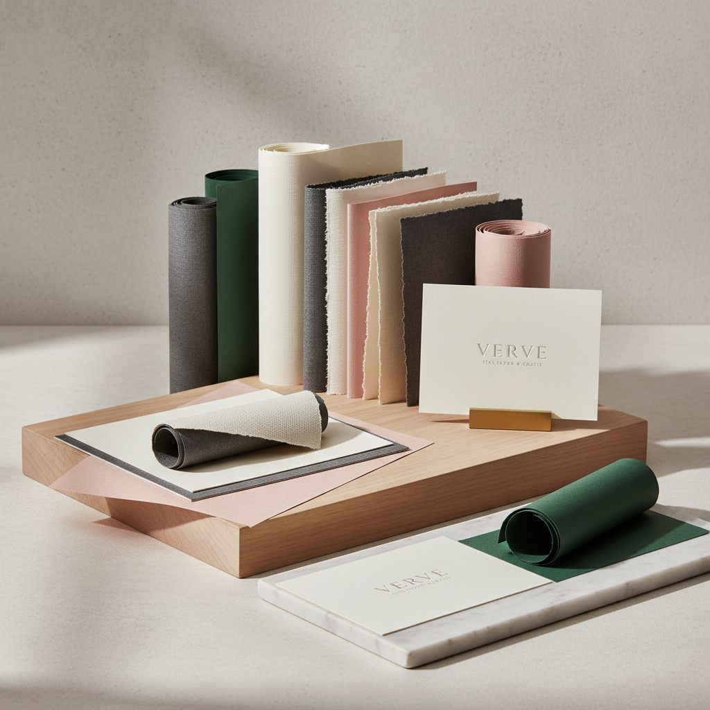 다양한 두께와 질감을 가진 프리미엄 종이 샘플들이 세련되게 배치된 미니멀한 디자인의 스튜디오 컷
