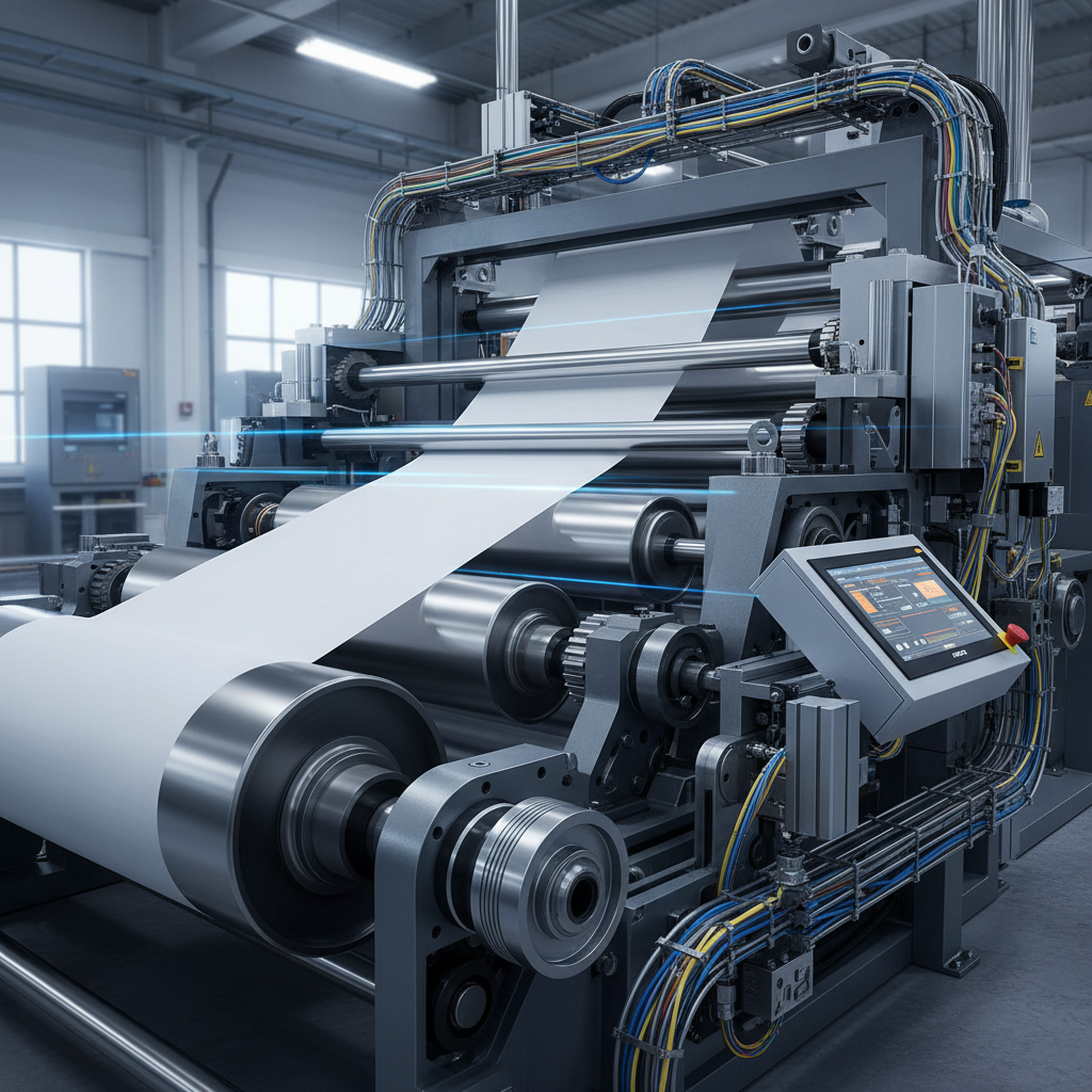 제지 공정의 자동화 시스템을 보여주는 고속 롤러와 정밀 기계 부품의 세련된 산업용 사진