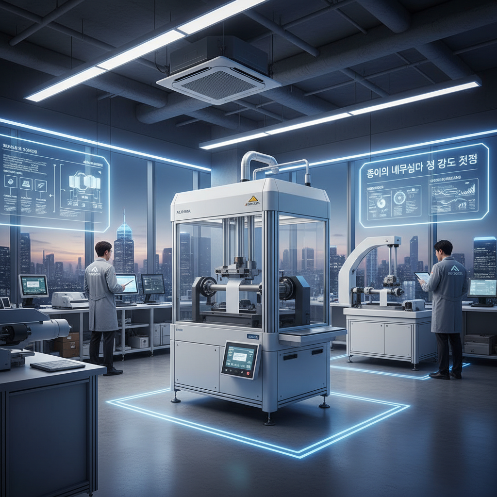 종이의 내구성과 인장 강도를 측정하는 첨단 장비가 갖춰진 R&D 연구소의 현대적인 모습